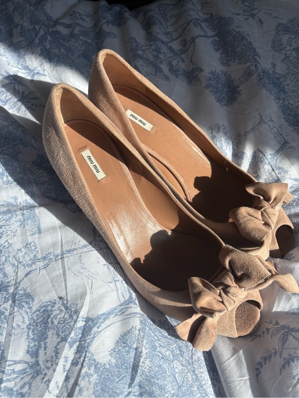 Miu Miu Beige Suede Bow Ballet Flats